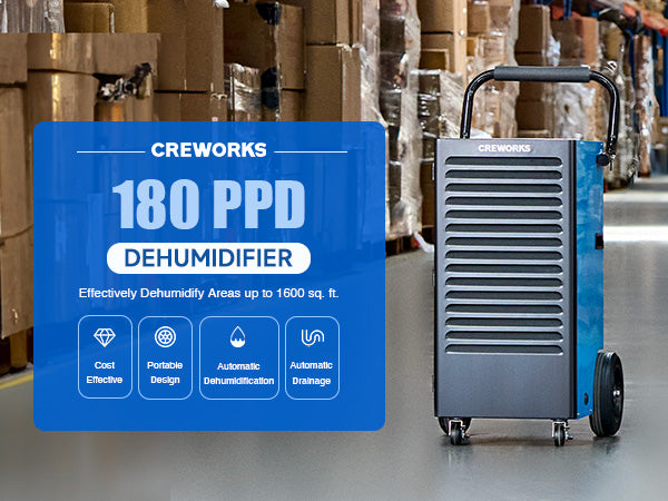 CREWORKS 180 PPD Commercial Dehumidifier with Auto Defrost Smart Humidity Detect