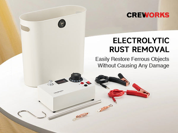 CREWORKS Electrolytic Rust Removal Kit, Electrolysis Derusting Cleaning Machine with 304 Stainless Steel Anode, Positive & Negative Leads, and Plastic Container for Removing Rust from Iron Objects