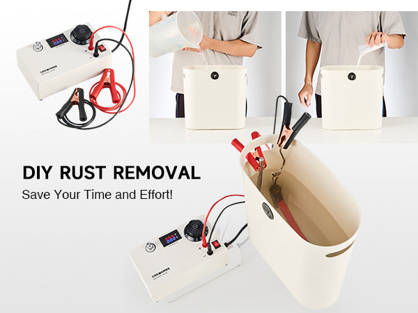 Electrolytic Rust Removal Kit, Electrolysis Derusting Cleaning Machine with 304 Stainless Steel Anode, Positive & Negative Leads, and Plastic Container for Removing Rust from Iron Objects