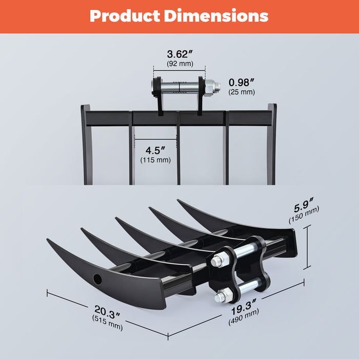 AHM 19.3" Mini Excavator Rake Attachment for Grading Leveling Loosening Removing Surf