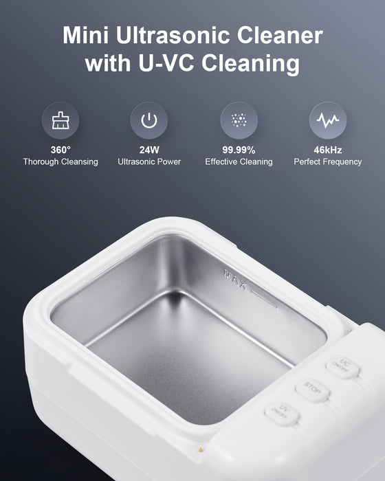 24W Ultrasonic Cleaner with 46kHz, 200mL Capacity, U-VC Light, and 2 Timer Settings for Jewelry, Retainers, Dentures, and Aligners