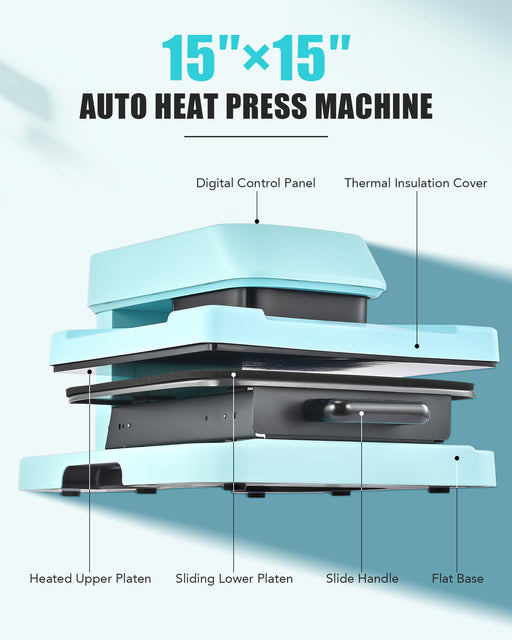 CREWORKS Auto Heat Press Machine for T Shirts, Smart 15x15 Inch T Shirt Press Machine with Auto Press Release, Professional Digital Automatic Heat Press Sublimation Fast Even Tshirt Printing Machine