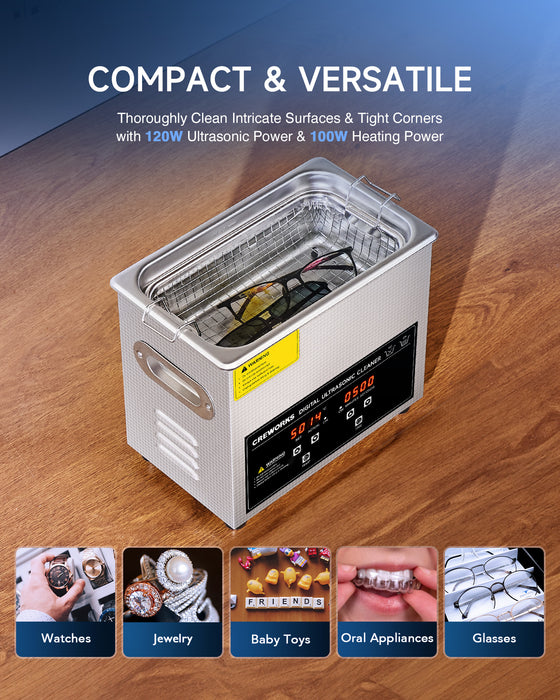 120W Ultrasonic Cleaner with Digital Timer and 100W Heater for Ultrasonic Cleaning 40kHz, 3L