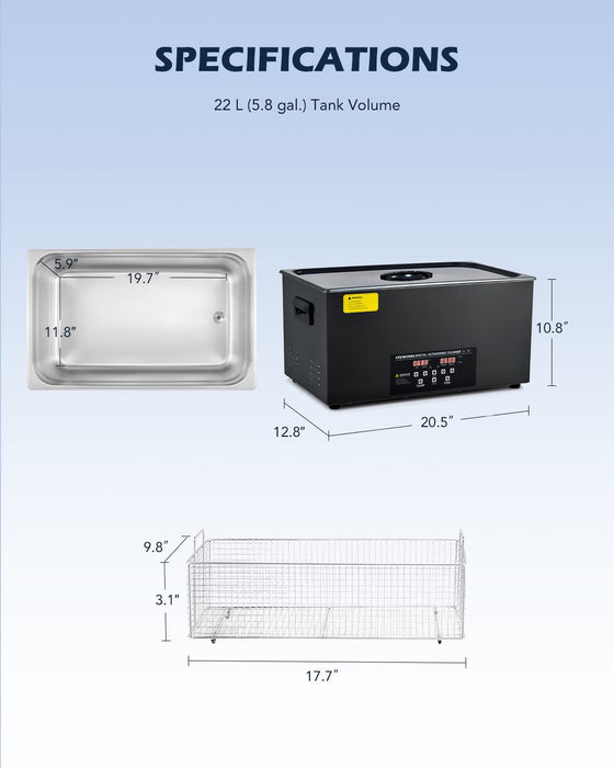 Ultrasonic Cleaning: Professional Ultrasonic Machine with Heater, Timer, and Dual Mode 22L