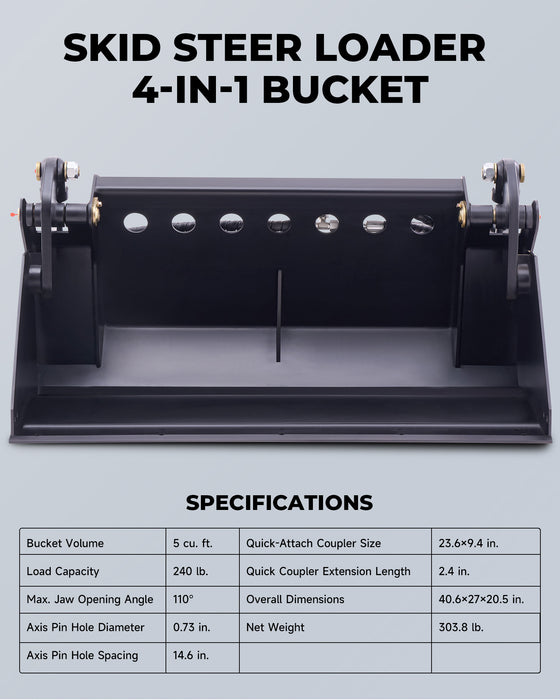 skid steer bucket attachments 4-in-1 four in one universal tilting multipurpose combo with cutting edge dozer blade 41" compact loader machine quick attach coupler hydraulic hose for dozing land leveling grappling dumping digging grading