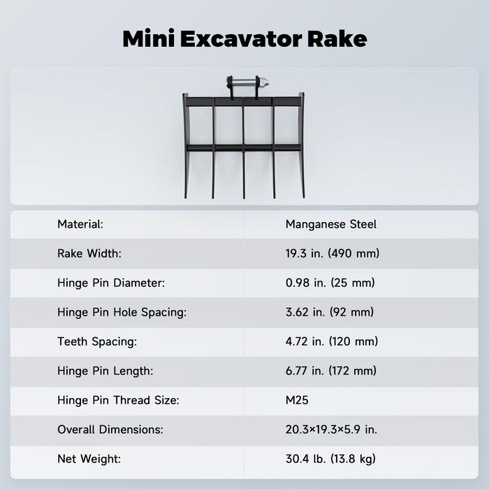 AHM 19.3" Mini Excavator Rake Attachment for Grading Leveling Loosening Removing Surf