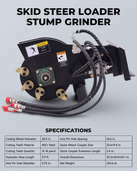 Stump Grinder Attachment for Skid Steer Loader with 20.5" Cutting Wheel 40Cr Teeth Removing Land Clearing