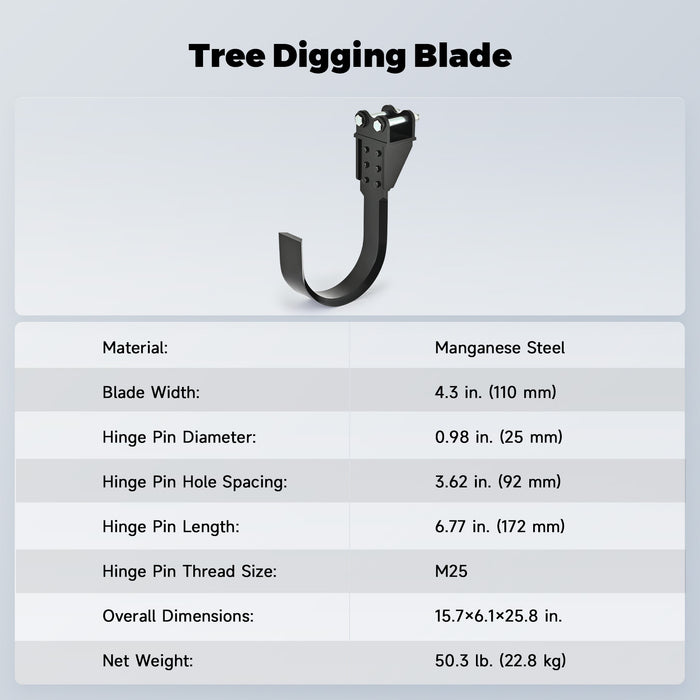 AHM Tree Digging Blade Attachment for Mini Excavator with 25 mm Hole Diameter