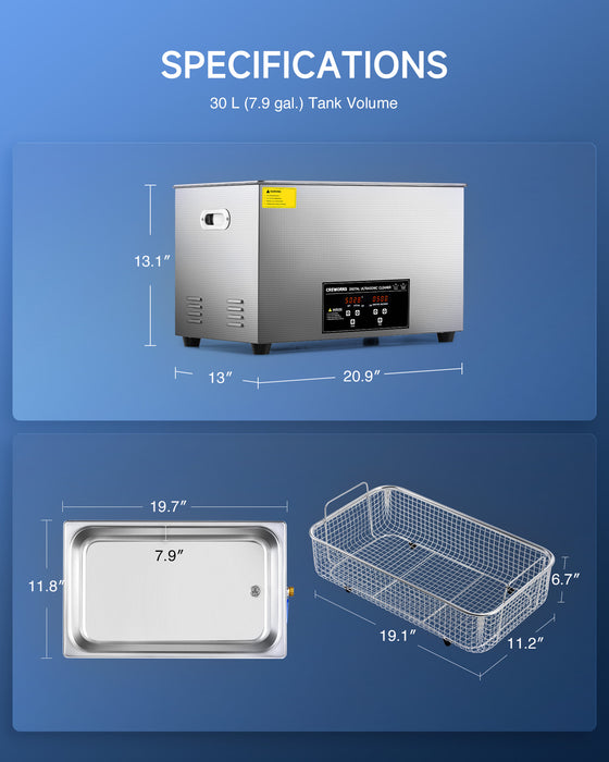 CREWORKS 30L Large Ultrasonic Cleaning Machine with Heater & Timer, 600W Stainless Steel Ultrasonic Washing Machine, 7.9 gal Sonic Parts Cleaning Machine for Glasses Carburetor Auto Tool Machine Part