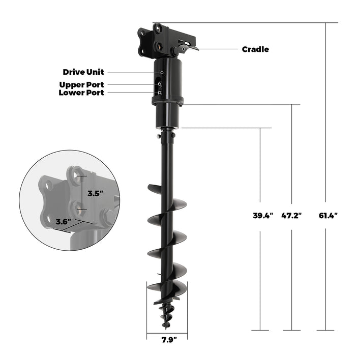 AHM Hydraulic Auger Drill Attachment for Mini Excavator 8" Diameter 45" Depth