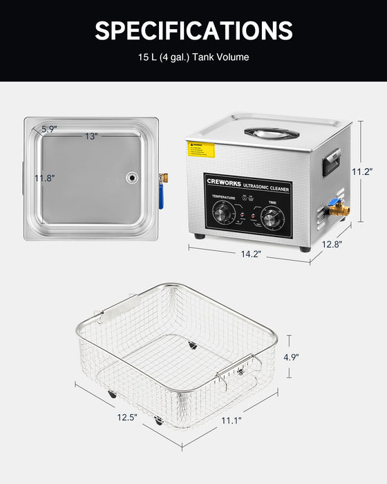 360W Knob Ultrasonic Cleaner with Digital Timer and 300W Heater for Ultrasonic Cleaning 15L