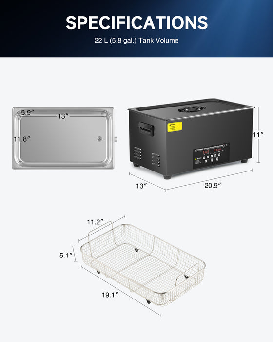 Ultrasonic Cleaning: Professional Ultrasonic Machine with Heater, Timer, and Dual Mode 22L