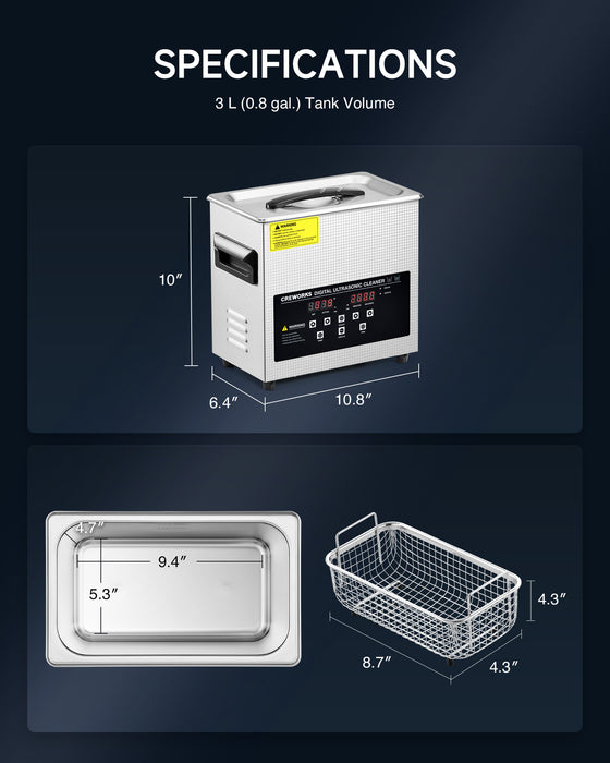 Upgraded 120W Ultrasonic Cleaner 150W Heater with Degas & Gentle Modes 40kHz, 3L